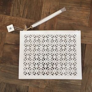 Tory Burch White Geometric Laser-Cut Clutch
